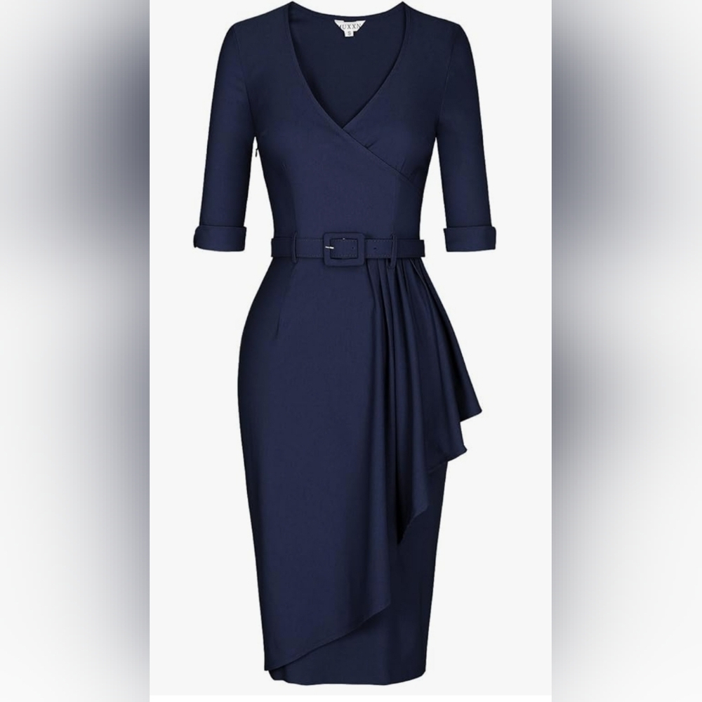 MUXXN Women's Vintage Retro V Neck Boutique- Belted Navy Blue Dress Size 2XL